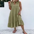 Casual sleeveless olive green V-neck tiered maxi dress for summer beach holiday wear - S / Dresses / Yellow-Green