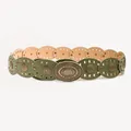 Stylish green Bohemian punk leather belt featuring a large ornate oval metal buckle for women - Antique Bronze Dark Green