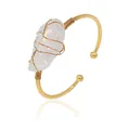 Natural crystal wire wrapped cuff bracelet with gold plated irregular stone and reflection. - White Crystal