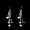 Handmade pink natural crystal stone tassel drop earrings with silver multi-layer chain - Rose Quartz