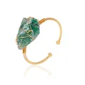 Gold-plated open cuff bracelet featuring a green raw crystal with wire wrapping - Fluorite