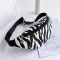 Stylish zebra print waist bag for women featuring a black strap and golden zipper pull - Black and White Stripe Print