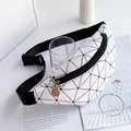 Stylish white waist bag featuring black geometric pattern and adjustable strap for women - Rhombus Print