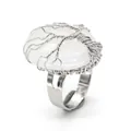 Detailed macro view of silver-plated wire-wrapped Tree of Life ring with oval white crystal - Adjustable Open / White Crystal