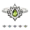 Bague fleur de loto vintage avec pierres de zircone poire en plusieurs couleurs - Ouvert Réglable / Bague Lotus (JZ201) / Vert