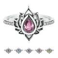 Detailed view of silver lotus flower ring showing multiple colorful zirconia stone options - Adjustable Open / Lotus Ring (JZ201) / Red