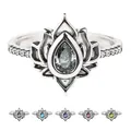 Lotus flower ring detail showing pear-cut center stone and five colorful gemstone variants - Adjustable Open / Lotus Ring (JZ201) / White