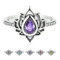 Detailed view of vintage lotus ring with various zircon gemstone color options - Adjustable Open / Lotus Ring (JZ201) / Purple