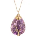 Handmade purple teardrop crystal necklace with gold-toned Tree of Life wire wrap design. - Amethyst Style / Pendant Only (Without Chain) / Gold