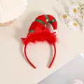 Diadema festiva de gorro de elfo navideño con felpa roja y detalles de cintas verdes - Diadema de Sombrero de Elfo Rojo
