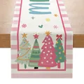 Christmas table runner with pink stripes and cute illustrated trees for holiday dining - 33cmx180cm / ZQ036-2 (Pink Christmas Tree)