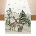 Weihnachtlicher Tischläufer mit Winter-Rentier- und Tannenbaum-Druck auf Leinenstoff. - 33cmx180cm / ZQ036-6 (Aquarell Rentier)