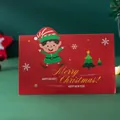 Festive red Christmas greeting card with a cute cartoon elf and Merry Christmas text - Christmas Character