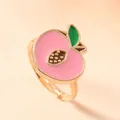 Cute pink peach ring for kids, golden zinc alloy with high-quality enamel dripping oil. - Peach