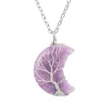 Détail du pendentif lune en pierre violette avec arbre de vie fait main en fil de fer - Style Lépidolite Argent