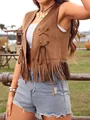 Close-up of brown faux suede hippie vest with long tassels and lace-up detail - S / Tops / Dark Brown