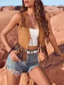 Stylish brown suede fringe vest for women, bohemian sleeveless jacket in a desert scene. - S / Tops / Caramel color