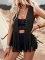 Bohemian style black sleeveless vest with long fringes and metal studs on a model outdoors - S / Tassel Rivet Style (ELF2962) - Top / Black