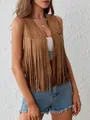 Chic women's brown suede fringe vest with stud details, perfect for a bohemian hippie look - S / Tops / Caramel color