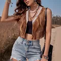 Women's vintage brown fringe suede vest with tribal trim in a hippie bohemian style. - S / Top (ELF2942) / Dark Brown