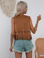 Western style brown faux suede fringe vest with decorative laser-cut flower patterns - S / Tops / Caramel color