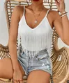 Elegant women's sexy white fringe camisole bodysuit top for summer boho beach style - S / Tops / White
