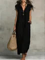 Elegant black bohemian ruffled flutter sleeve floor-length dress with woven bag - S / Dresses / Black