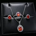 Elegant red oval gemstone jewelry set including necklace, ring, and stud earrings - 3-Piece Set (T16) / Red