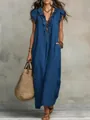 Close-up detail of a blue Bohemian maxi dress featuring ruffled V-neck and flutter sleeves - Blue
