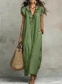 Full-length bohemian green dress with flutter sleeves and ruffled V-neckline details. - S / Dresses / Army Green