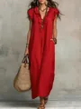 Detailed view of bohemian red floor-length dress with ruffled V-neck and flutter sleeves - S / Dresses / Red