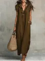 Bohemian style dark olive green maxi dress with ruffle sleeves and side pockets detail - Dark Brown