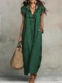 Elegant Bohemian dark green maxi dress featuring ruffled v-neck and flutter sleeves - Dark Green