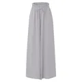Front view of light grey high-waisted wide-leg trousers with elastic drawstring waist. - Gray