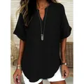 Casual women's black V-neck short sleeve shirt with curved hem for summer - S / Tops / Black