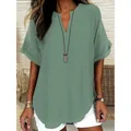 Casual women's V-neck short sleeve blouse in sage green textured linen-like fabric - S / Tops / Green
