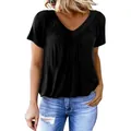 Élégant t-shirt noir pour femmes avec col en V, manches courtes et détails plissés chic - S / Hauts / Noir