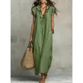 Bohemian green ruffle sleeve maxi dress with flowy floor-length design for summer - S / Dresses / Army Green