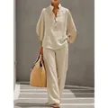 Elegant beige linen two-piece set with loose shirt and wide-leg pants for women - S / Top And Bottom / Khaki
