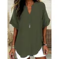 Elegante damesblouse met V-hals en korte mouwen in effen olijfgroen met een casual pasvorm - S / Tops / Legergroen