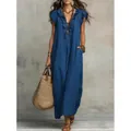 Bohemien blaues Maxikleid mit Rüschenärmeln, V-Ausschnitt und Taschen für den Sommer - Blau