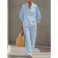 Elegant casual light blue linen cotton shirt and wide leg trousers two-piece set for women - S / Top And Bottom / Light Blue