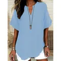 Elegante lichtblauwe blouse met korte mouwen en V-hals voor dames voorjaarsmode - S / Tops / Hemelsblauw