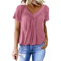 T-shirt décontracté à col en V et manches raglan plissées en rose mauve élégant - Rose