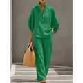 Elegant green linen-like women's casual shirt and wide-leg trousers two-piece outfit - S / Top And Bottom / Green