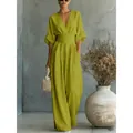 Elegant lime green half-sleeve V-neck wide-leg jumpsuit with cinched waist design for women - S / Jumpsuits / Olive Green