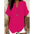 Elegant hot pink V-neck short sleeve shirt for women with rolled cuffs - S / Tops / Rose Red