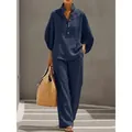 Navy blue linen-textured two-piece casual shirt and trousers set for women - S / Top And Bottom / Dark Blue