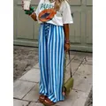 Pantalón de verano informal para mujer con rayas verticales azules y blancas chic - S / Bottoms / Azul