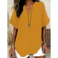 Elegant mustard yellow V-neck short sleeve blouse for women's casual summer fashion - S / Tops / Mustard Yellow